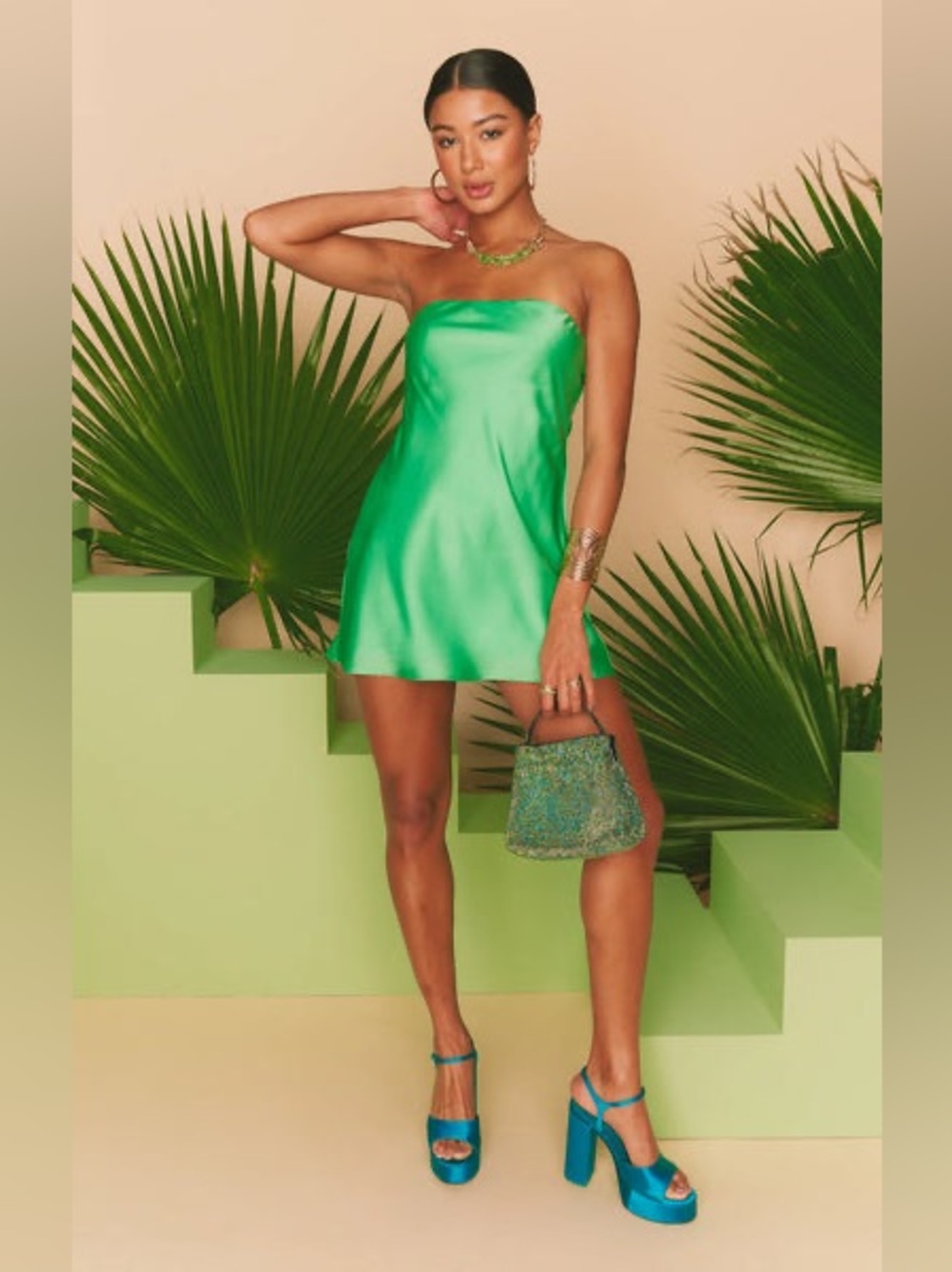 NWT Show Me Your Mumu Taylor Tube Mini Dress in Kiwi Green Luxe Satin size M